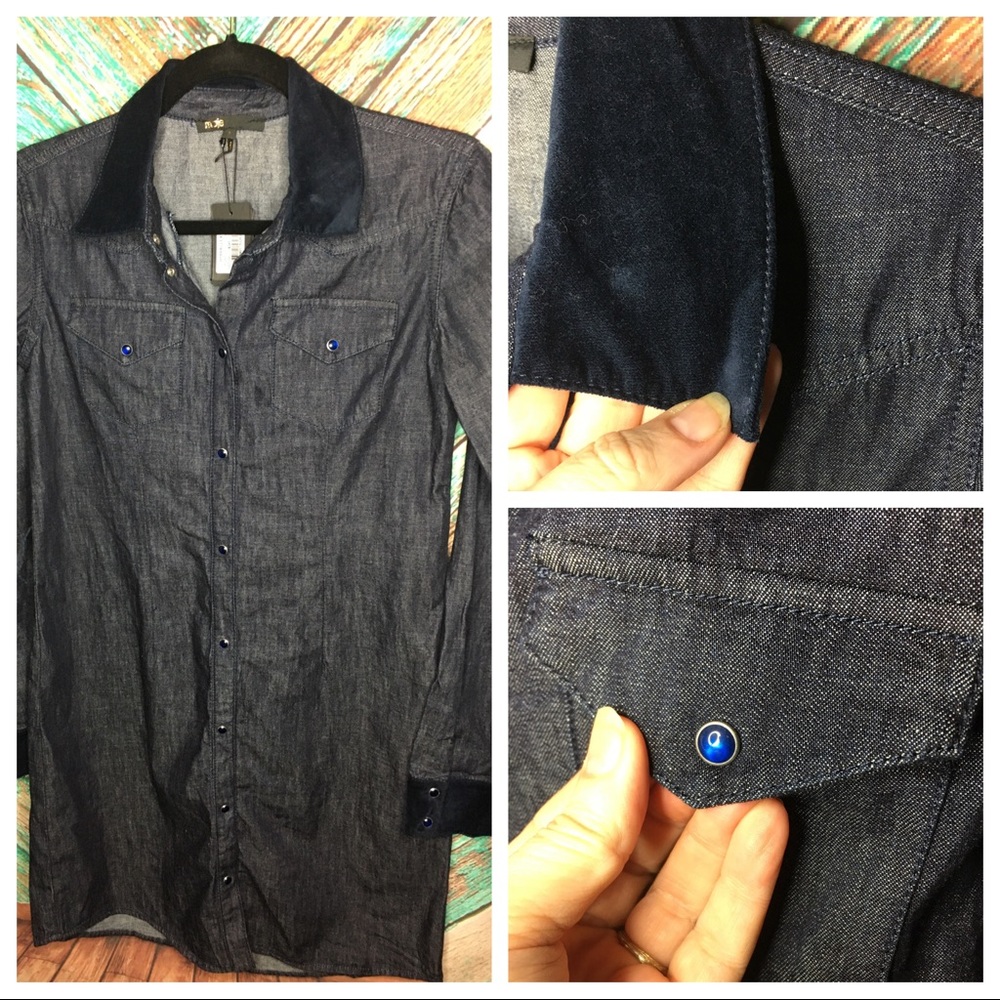 Maje NWT Rallex Denim & Velvet Trimmed Shirt Dress - Picture 2 of 7